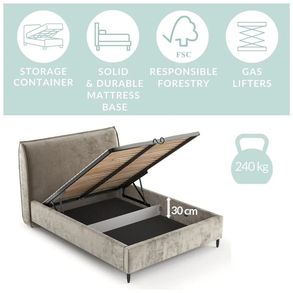 Бежово тапицирано двойно легло с място за съхранение с включена подматрачна рамка 180x200 cm Shell – Maison de Rêve