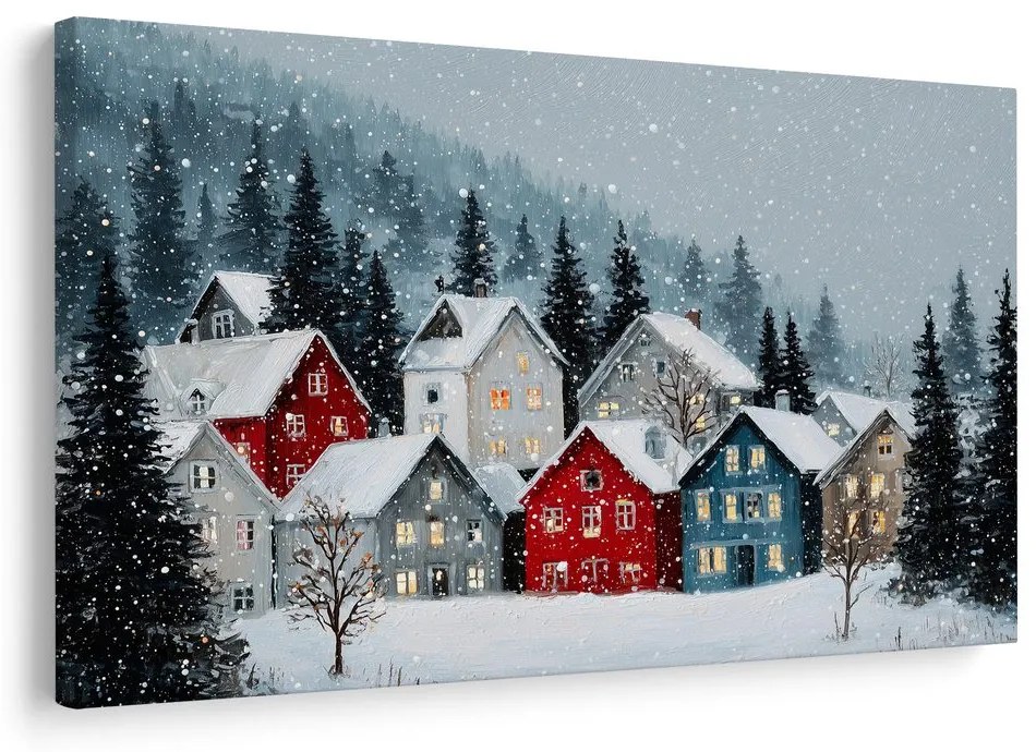 Картина на платно – Коледно селце под снежна покривка
