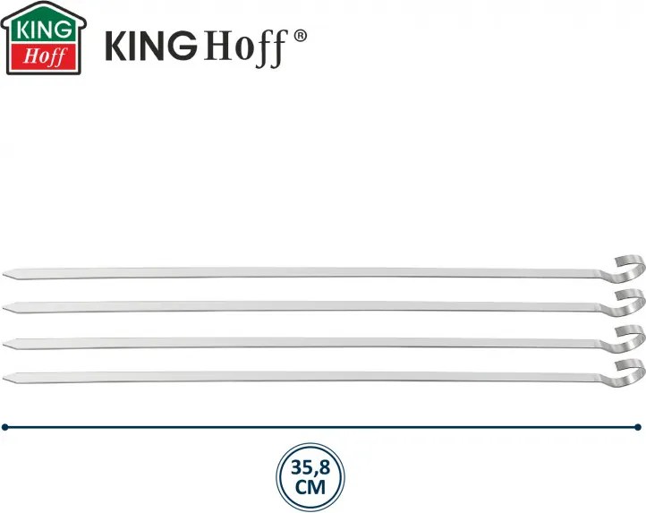 Комплект 4 бр стоманени шишчета Kinghoff KH 1914, 36 см, Остър връх, Дръжка с извивка, Инокс