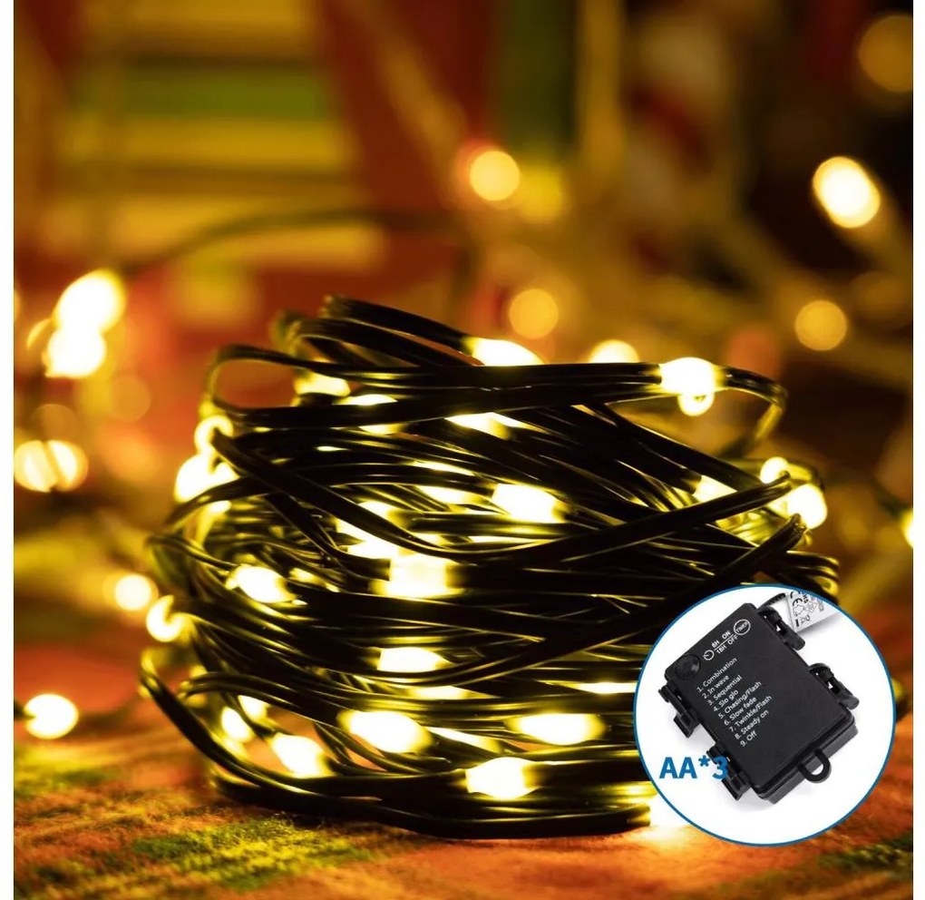 Aigostar LED външен коледен гирлянд 50 LED, 8 функции, 3xAA, 5,3м, IP44, топло б