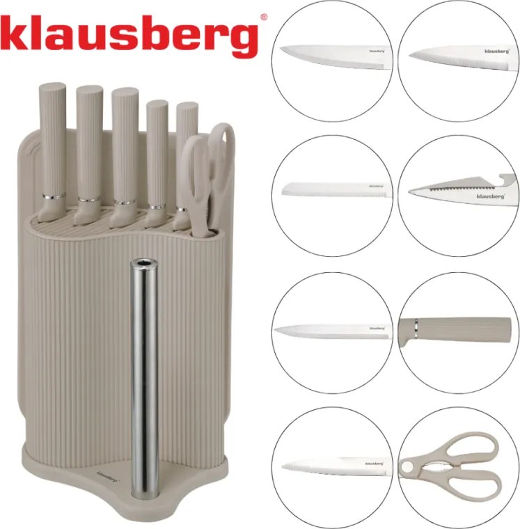 Комплект ножове Klausberg KB 7978, 8 части, Неръждаема стомана, Стойка, Държач за кухненска хартия, Бежов