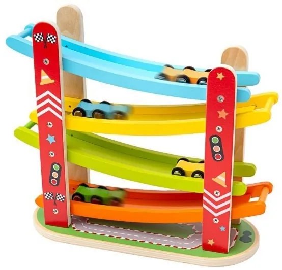 Bigjigs - Дървена състезателна писта с 4 колички