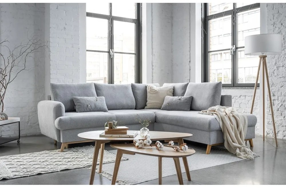Светлосив разтегателен/с място за съхранение ъглов диван (десен ъгъл/L форма) Scandic Lagom – Miuform