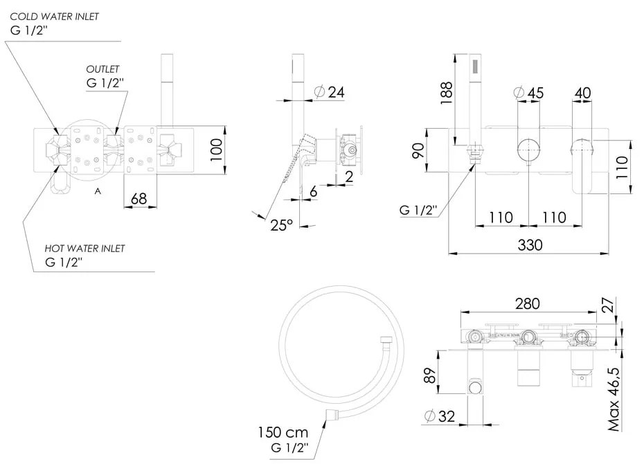 Матово-черна вградена душ батерия (2 изхода) Spy – Sapho