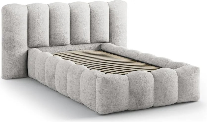 Сиво единично легло 90x200 cm тапицирано с място за съхранение с включена подматрачна рамка Lupine – Micadoni