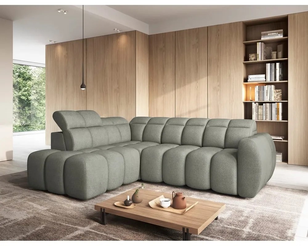 Сиво-зелен разтегателен ъглов диван с място за съхранение от букле (ляв ъгъл L форма) Falconn – ELTAP