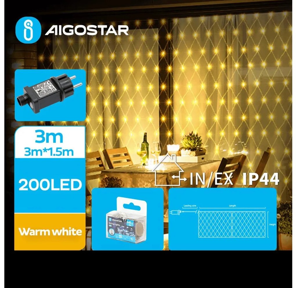 Aigostar - LED Екстериорни Коледни лампички 200xLED/8 функции 6x1,5m IP44 топло бял