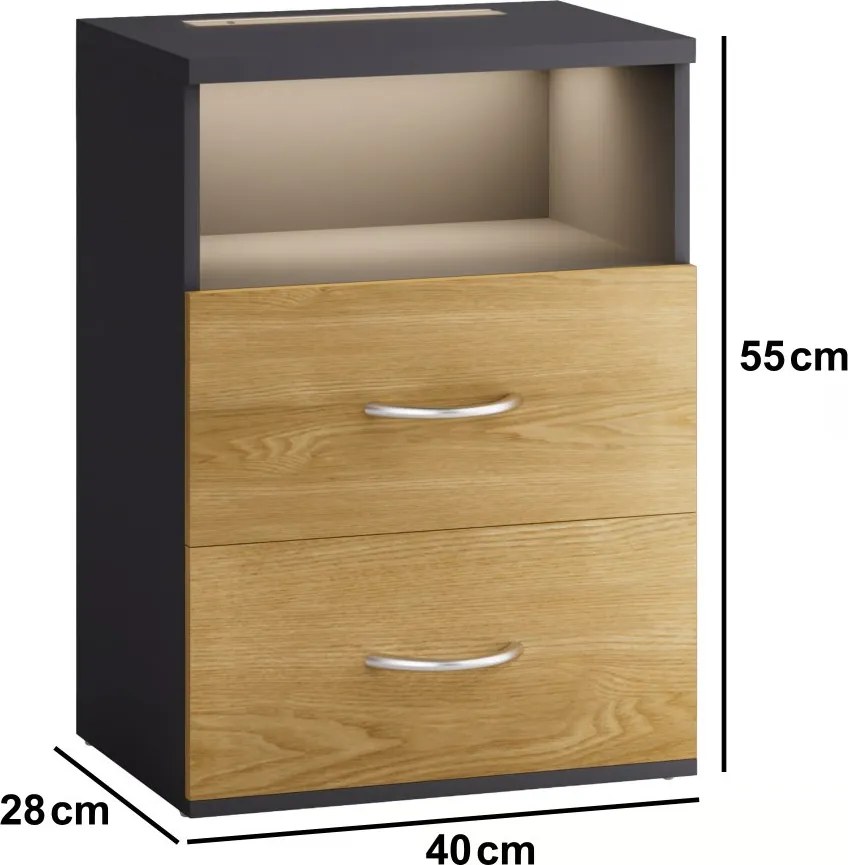 Нощно шкафче Jamie с LED осветление и USB - 55 × 40 × 28 cm дърво / сив