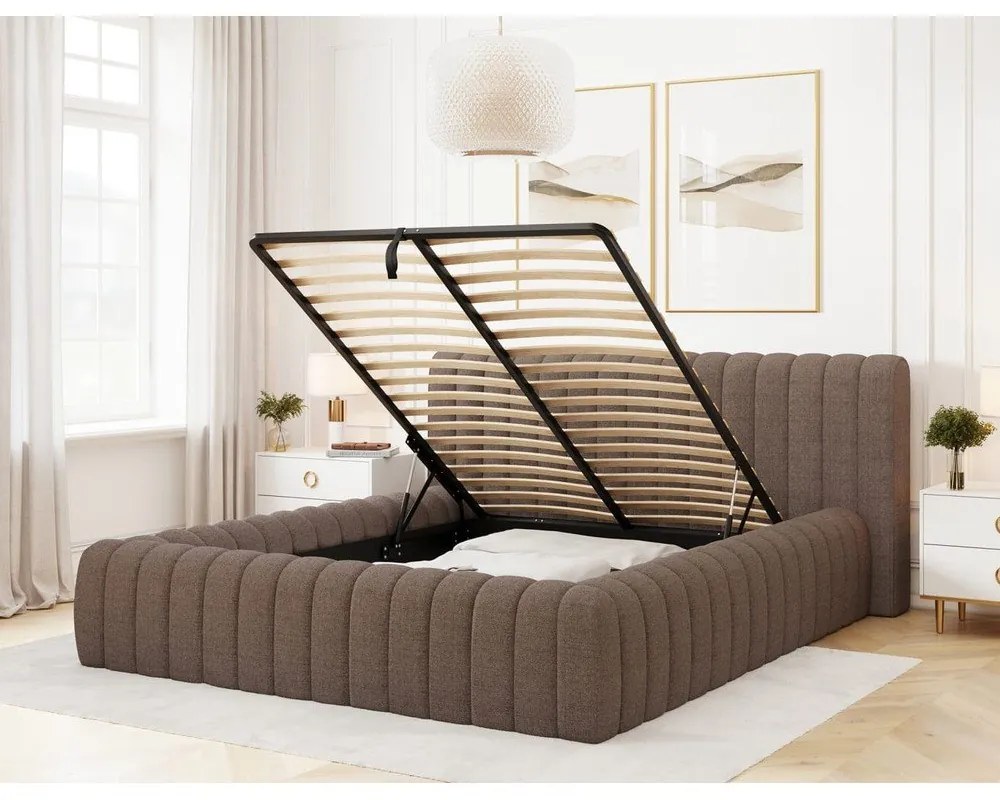 Кафяво двойно легло 140x200 cm тапицирано с място за съхранение с включена подматрачна рамка Carilla – ELTAP