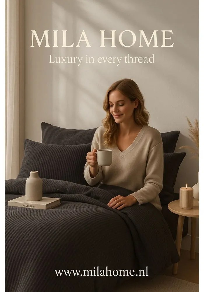 Антрацитно двойно удължено спално бельо от памук Renforcé 240x220 cm Waffle Striped – Mila Home Luxury