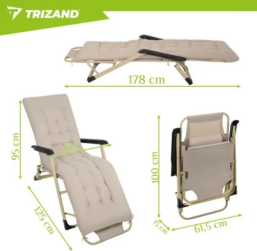 Сгъваем градински, плажен шезлонг с възглавница и облегалка за глава - златиста конструкция