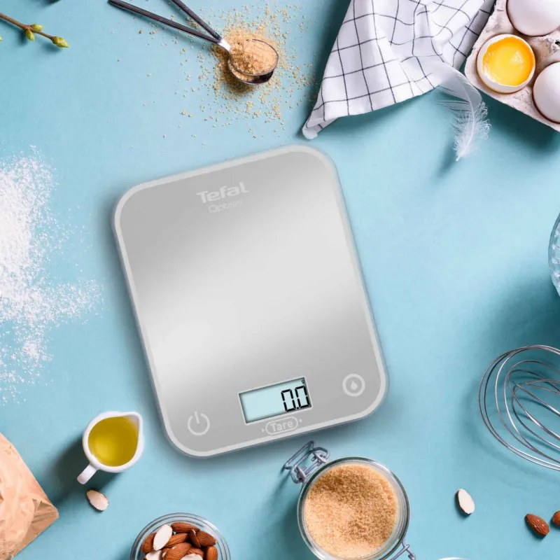 Кухненска везна Tefal Optiss BC50U4V0, До 5 кг, ТАРА, LCD, Стъкло, Големи цифри, Сребрист