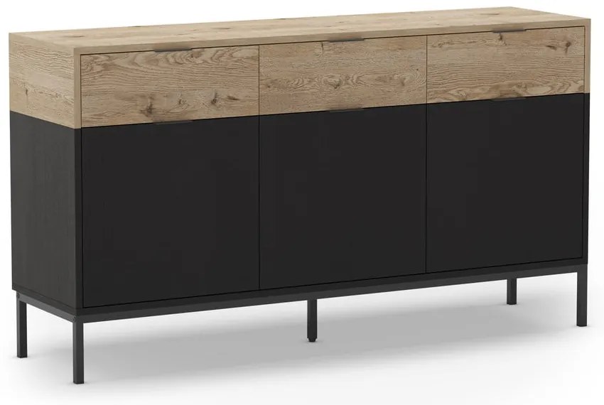 Нисък скрин с дъбов декор в черен и естествен цвят 150x80 cm Marion - Marckeric