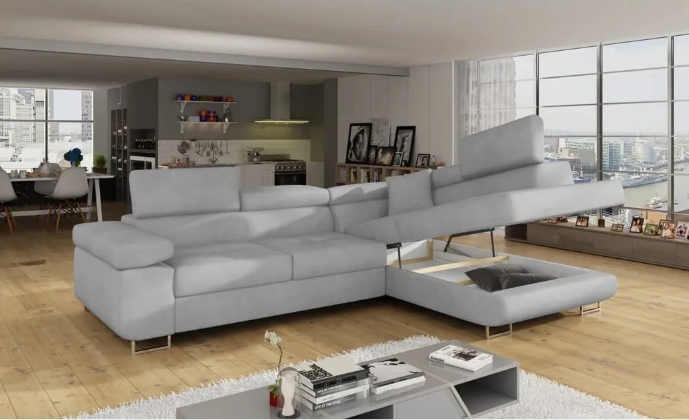 Светлосив кадифен разтегателен ъглов диван с място за съхранение (десен ъгъл L форма) Anton – ELTAP