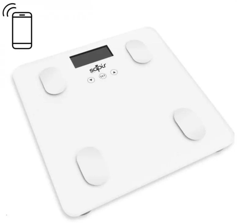Дигитален кантар-анализатор SAPIR SP 1650 AB, 180 кг, Измерване на мускулна маса, мазнини, вода, кости и BMI, Бял