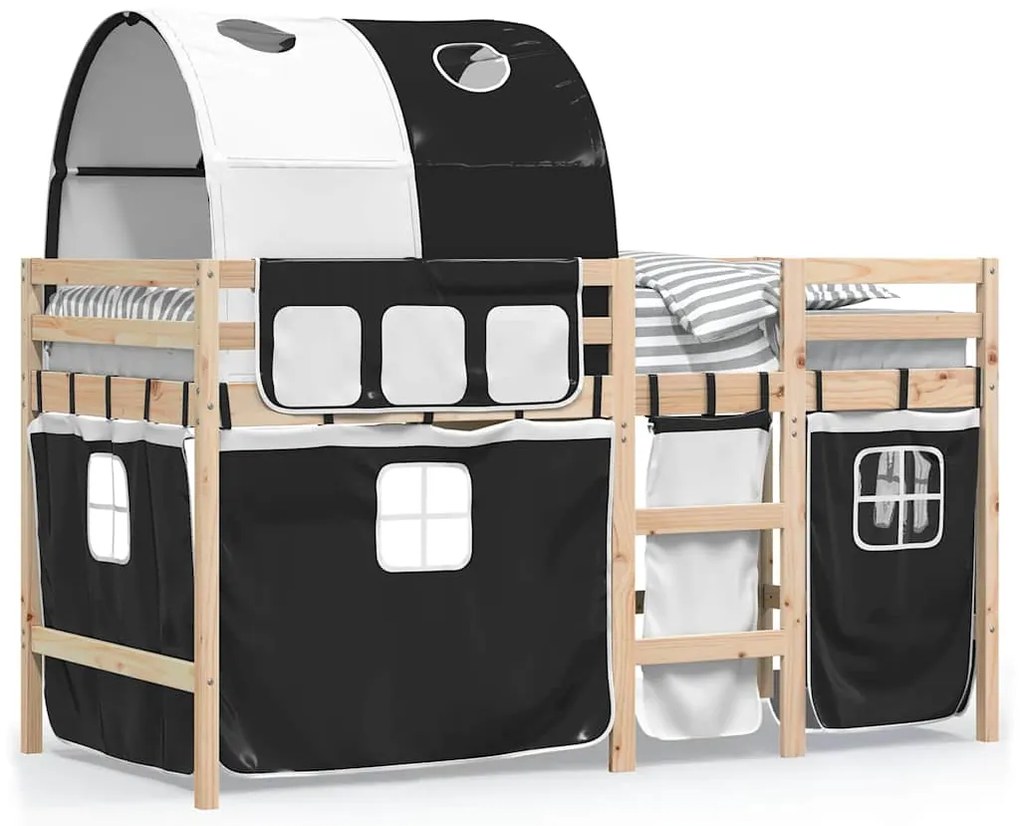 3283844 vidaXL Детско високо легло с тунел, бяло и черно, 90x200 см, бор масив