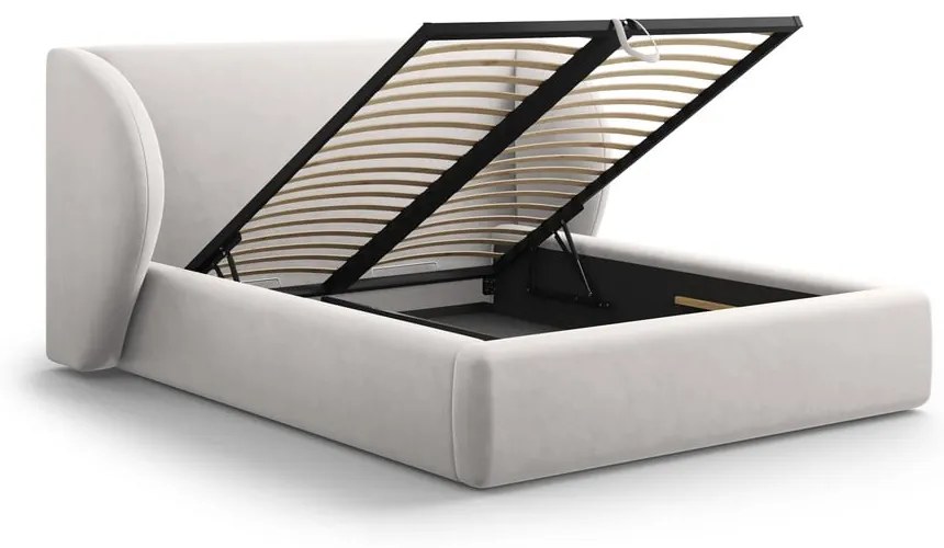 Светлосиво тапицирано двойно легло с място за съхранение с решетка 160x200 cm Miley - Micadoni Home