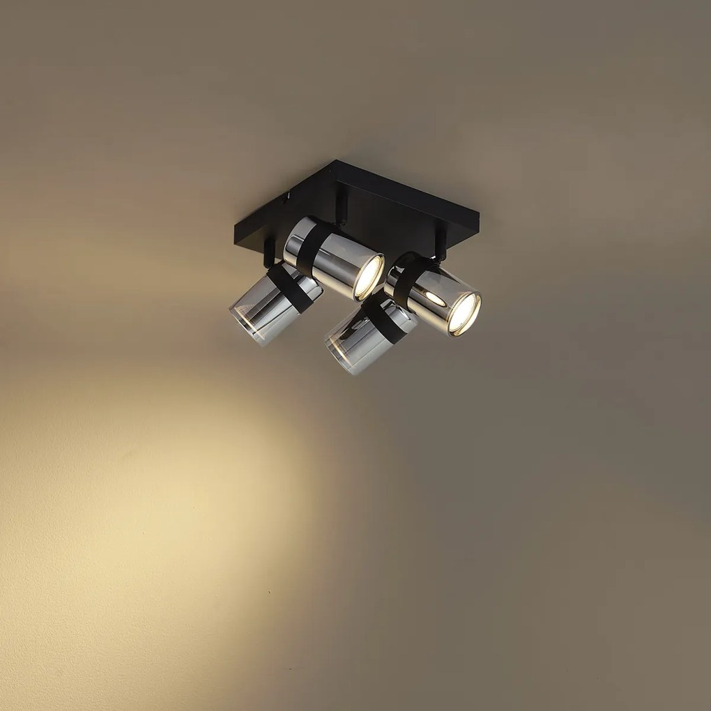 Черен плафон с димно стъкло с 4 светлини, въртящ се и накланящ се - Gianni