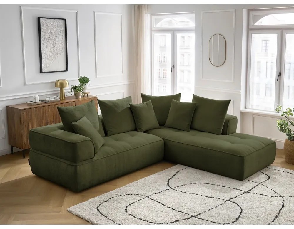 Зелен шенилов ъглов диван (десен ъгъл/L форма) Whesley – Bobochic Paris