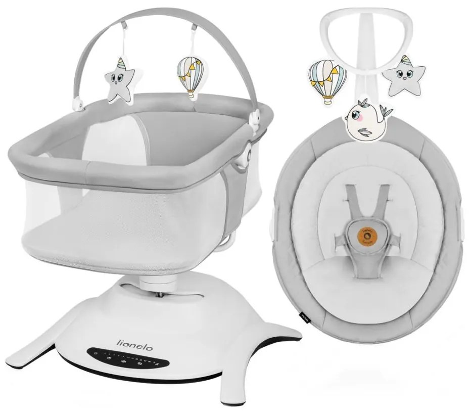 Lionelo - Детска люлка с мелодии 2 в 1 BELLA Grey Concrete + дистанционно управление