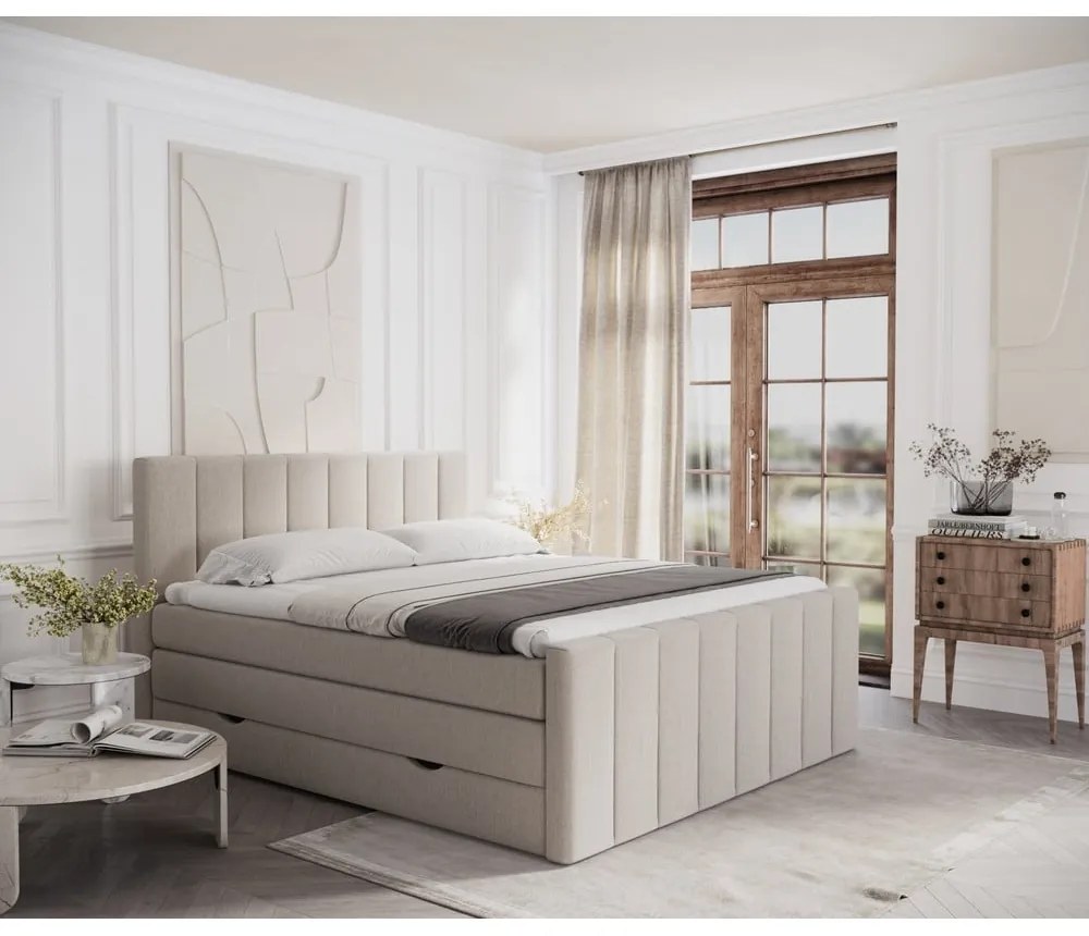 Бежово боксспринг легло с място за съхранение 160x200 cm Ruby – Maison de Rêve