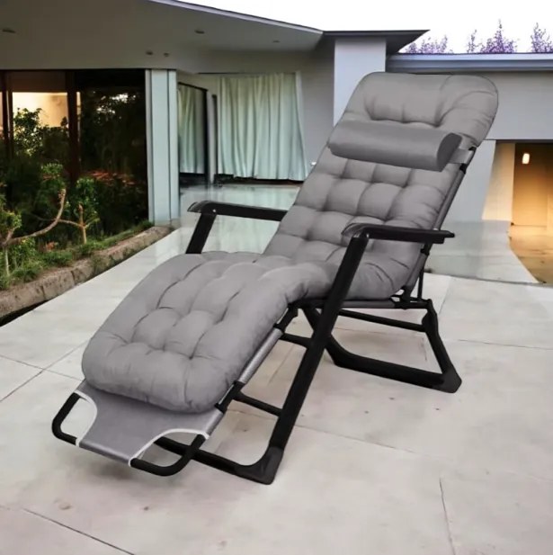 Градински шезлонг с черна рамка и възглавница Син