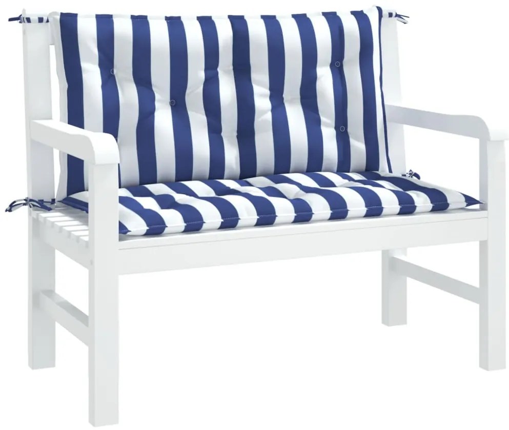 Възглавници за външни пейки 2 бр синьо-бели 100x50x7 см плат