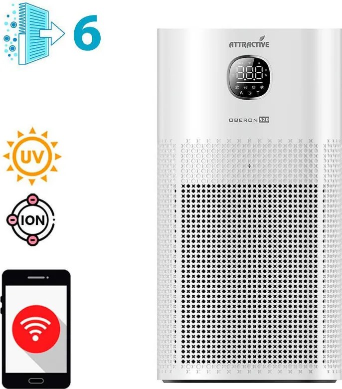 Пречиствател за въздух Attractive OBERON 520, 50W, За до 62 м2, Wi-Fi, 5 скорости, Таймер, Нощен режим, Дистанционно, Интелигентен сензор за замърсяване, Бял