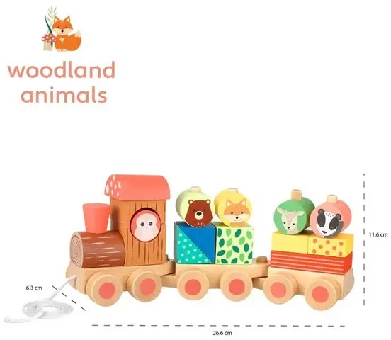 Дървено влакче за дърпане, сортер - Woodland Animals