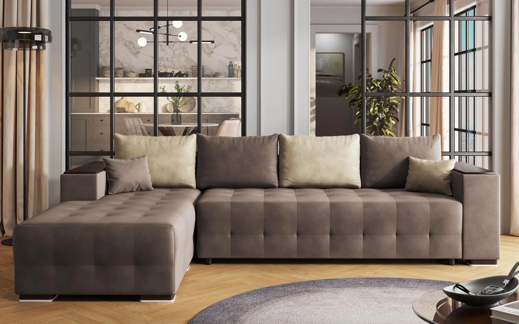 Разтегателен ъглов диван с подлакътник етажерка Мелвин Спринг