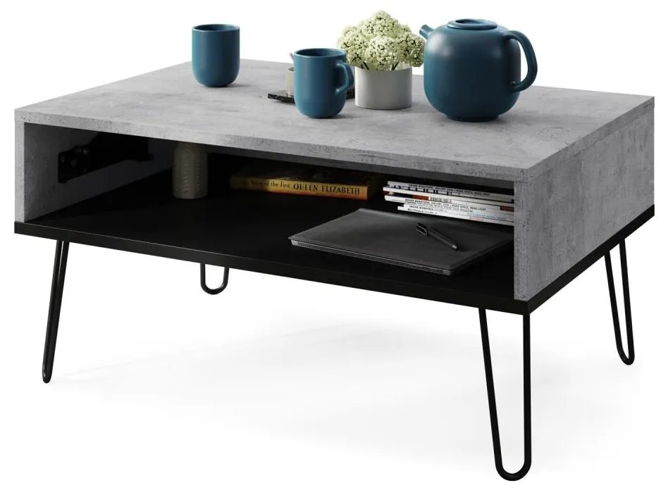 Холна маса с повдигаем плот и полица HALIJA — бетонено сива/черна