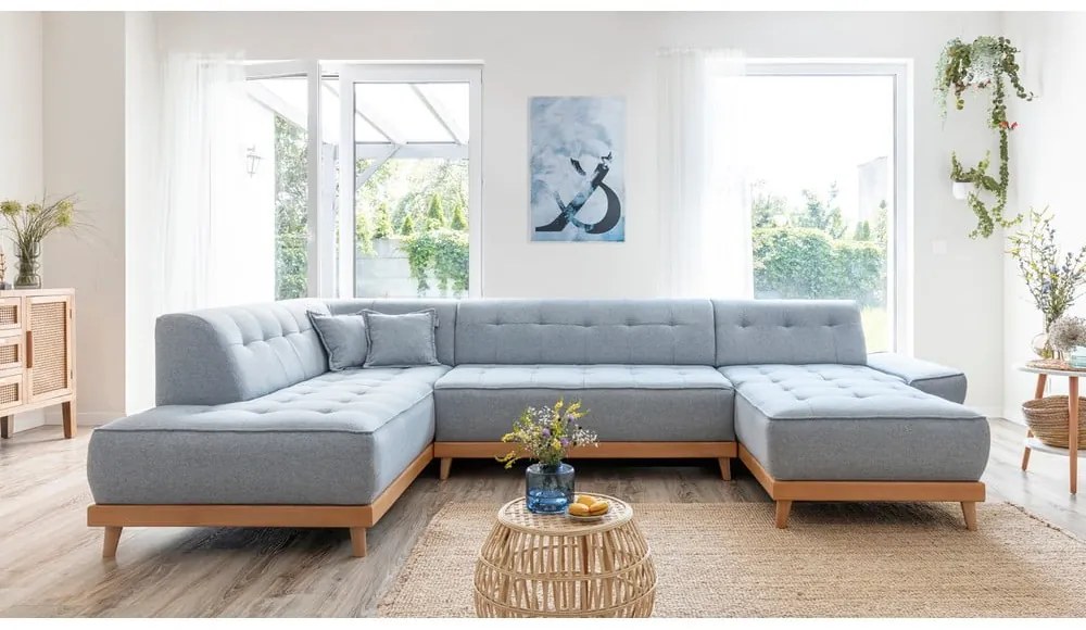 Светлосин U-образен разтегателен диван, ляв ъгъл Dazzling Daisy - Miuform