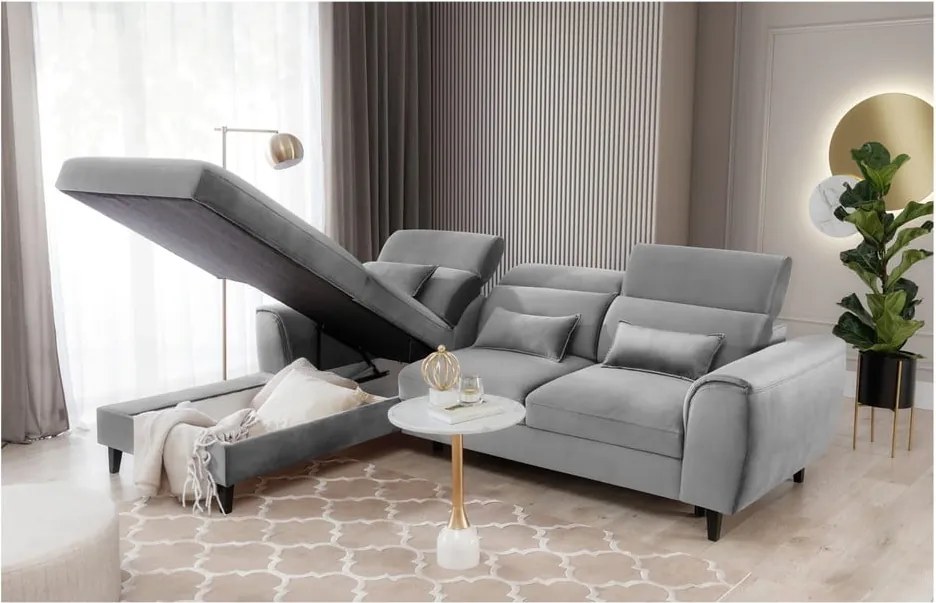 Сив кадифен разтегателен ъглов диван с място за съхранение (ляв ъгъл) Foble – ELTAP
