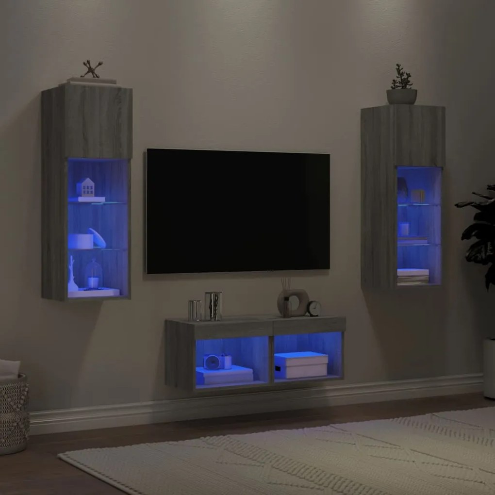 3216581 vidaXL ТВ стенни шкафове, 4 части, с LED светлини, сив сонома