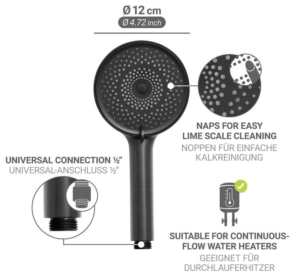 Матово черно пластмасова душ глава ø 12 cm Softwater – Wenko