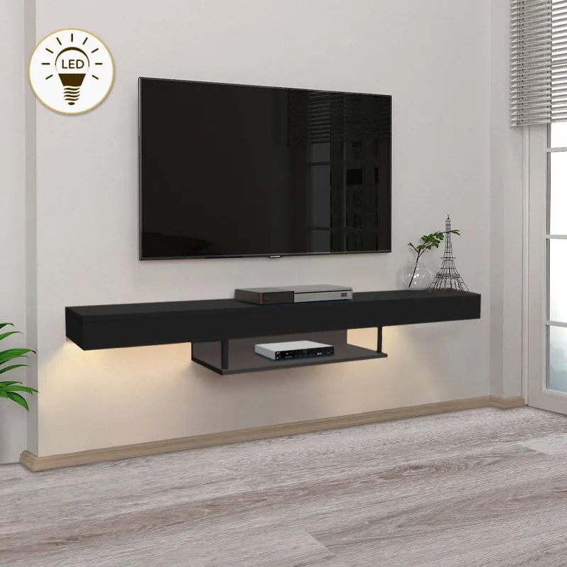 Albares TopMebel меламинов стенен ТВ шкаф с LED осветление в черен цвят 150x29.6x22cm.