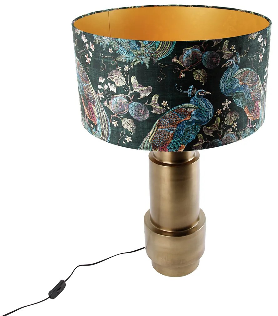 Настолна лампа бронз с абажур от кадифе павлиново зелено със злато 50 см - Bruut