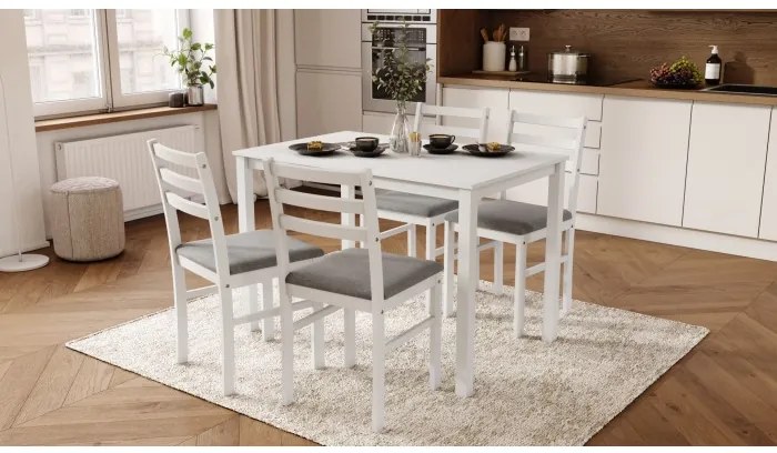 Комплект ТОРИНО маса + 4 стола Бяло/Светло сиво (тъкан Савана 21) - ДЪРВЕН КОМПЛЕКТ ЗА КУХНЯ/ТРАПЕЗАРИЯ