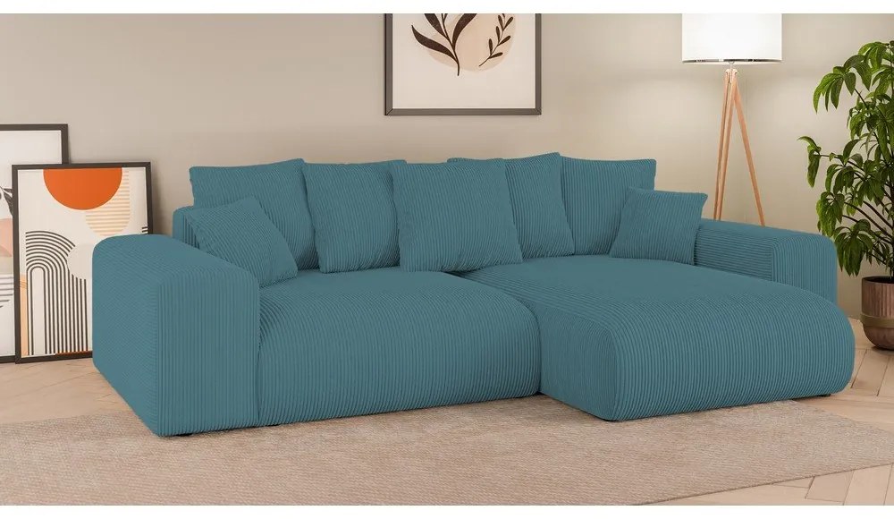 Тюркоазен ъглов диван с място за съхранение от рипсено кадифе Luma – Ropez