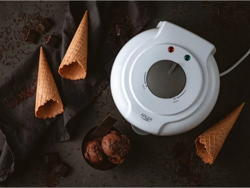 Разопакован: Уред за вафлени фунийки Adler AD 3038, 1500W, Незалепващо покритие, Плоча: 18 см, Бял