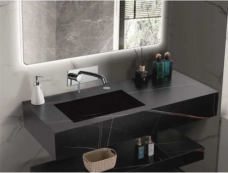 Мивка за баня PIETRA 12049/120B LEFT БЕЗ ОТВОР, стенен монтаж, кварц, черен мат, 120x50x18см