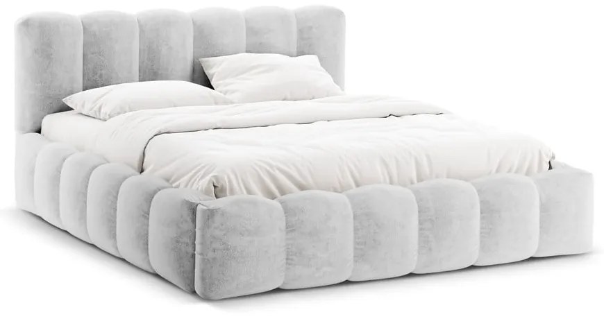 Светлосиво тапицирано двойно легло с място за съхранение с включена подматрачна рамка 160x200 cm Lupine – Micadoni Home