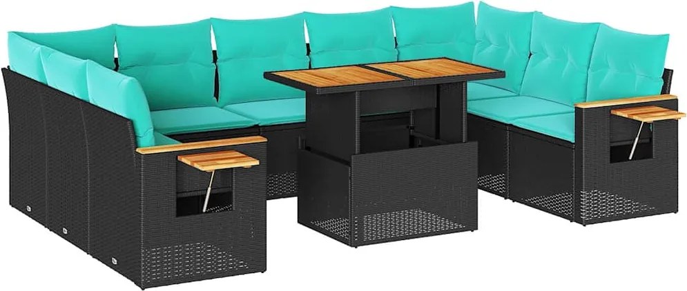 3327641 vidaXL Градински диван с възглавници 10 части черен полиратан акация