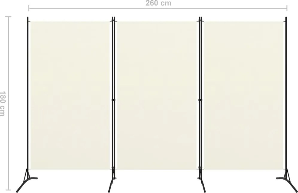 Параван за стая, 3 панела, кремавобял, 260x180 см