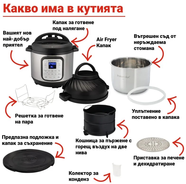 Мултикукър Instant Pot Duo Crisp + Air Fryer 140004401, 1500 W, 5.7 л, 11 програми, Кошница Air Fryer, EvenCrisp, Инокс