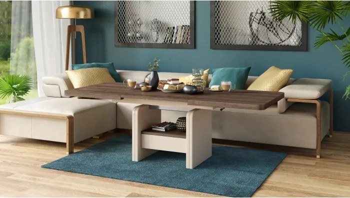 ЛЕКСУС Кафяв дъб/Бежов (Шампанско) - МОДЕРНА РАЗТЕГАТЕЛНА ХОЛНА МАСА С ПОВДИГАЩ МЕХАНИЗЪМ