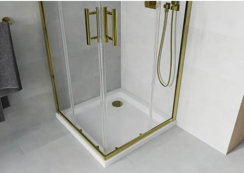 Mexen Rio квадратна душ кабина 90 x 90 см, прозрачна, златна + корито Flat, бяло