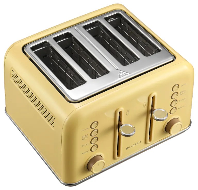 Тостер за хляб BUYDEEM DT640E, 1800W, 4 слота, 7 автоматични програми, 7 степени на препичане, LED индикатори, Тави за трохички, Високо изскачане, Жълт
