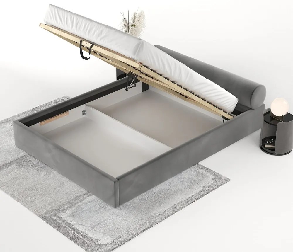 Тъмносиво двойно легло 160x200 cm тапицирано с място за съхранение с включена подматрачна рамка Solvo – Maison de Rêve