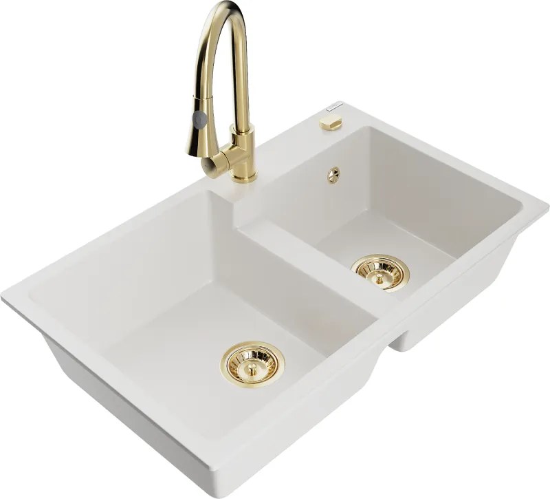 Mexen Tomas гранитна мивка с 2 камери с кухненски смесител Elia, бял - 6516-20-670101-50